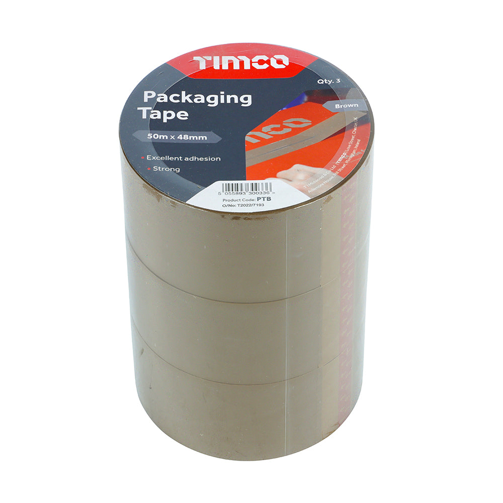 This is an image showing TIMCO Packaging Tape - Brown - 50m x 48mm - 3 Pieces Roll Pack available from T.H Wiggans Ironmongery in Kendal, quick delivery at discounted prices.