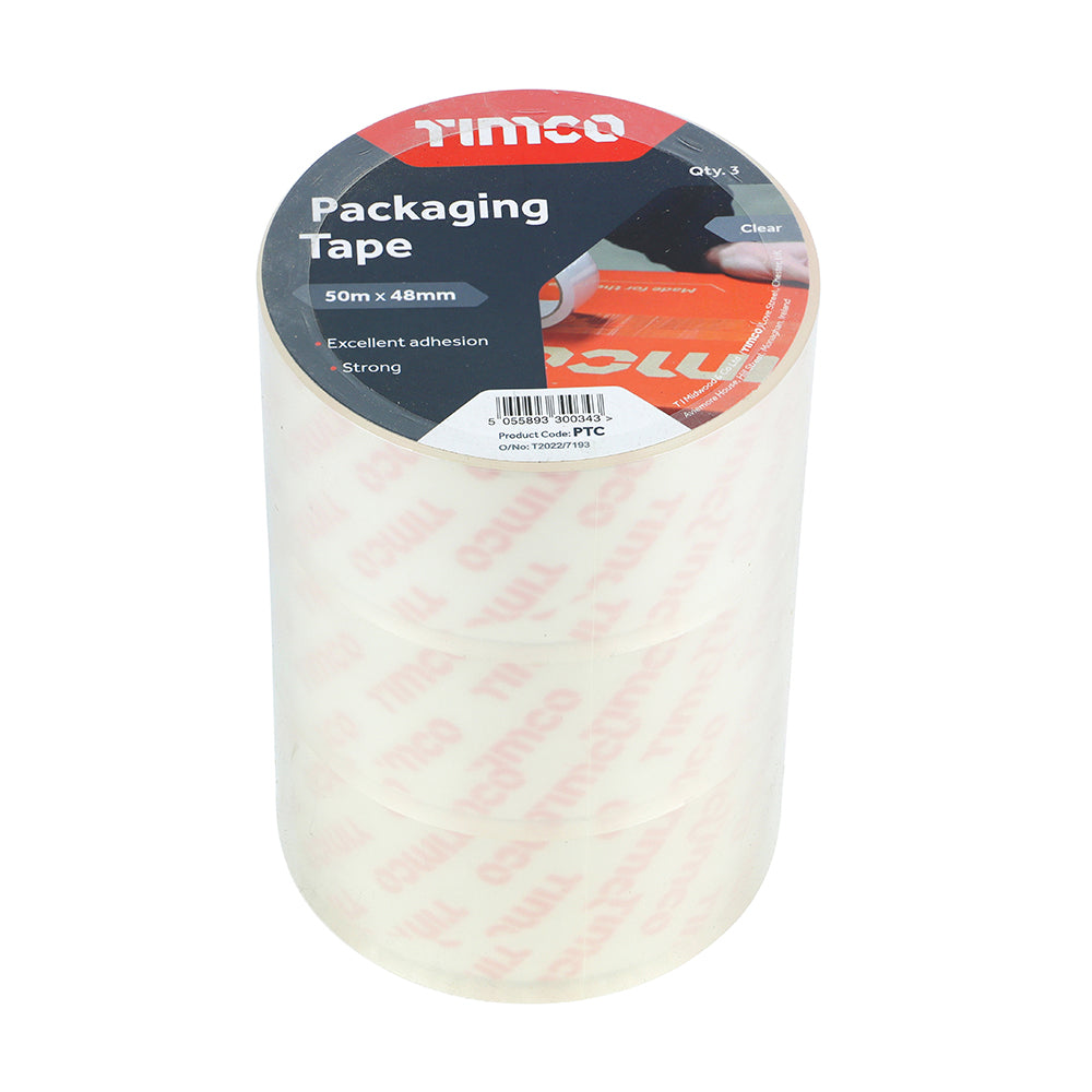 This is an image showing TIMCO Packaging Tape - Clear - 50m x 48mm - 3 Pieces Roll Pack available from T.H Wiggans Ironmongery in Kendal, quick delivery at discounted prices.