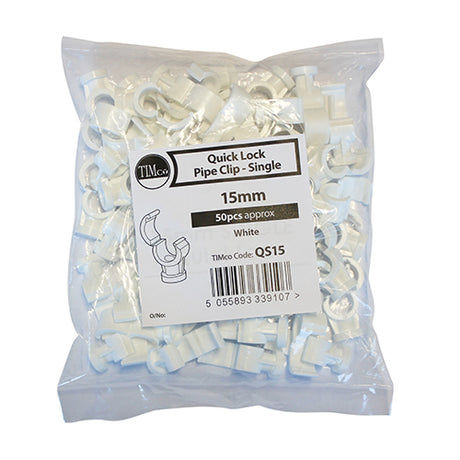 This is an image showing TIMCO Pipe Clips - Quick Lock - Single - 15mm - 50 Pieces Bag available from T.H Wiggans Ironmongery in Kendal, quick delivery at discounted prices.