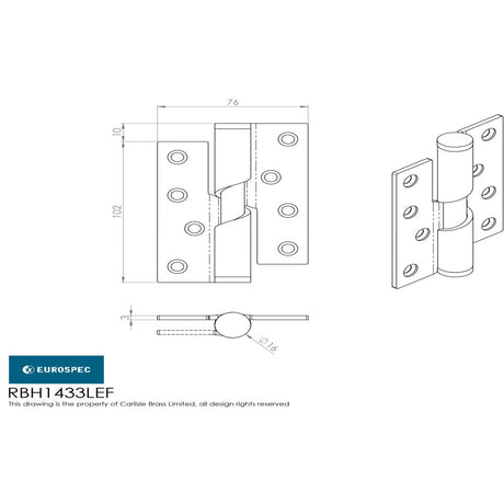 This image is a line drwaing of a Eurospec - Enduro Rising Butt Hinge L/H 102 x 76mm - SSS available to order from T.H Wiggans Architectural Ironmongery in Kendal