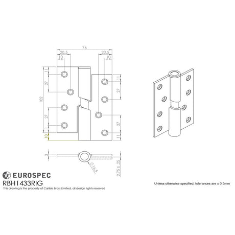 This image is a line drwaing of a Eurospec - Enduro Rising Butt Hinge R/H 102 x 76mm - SSS available to order from T.H Wiggans Architectural Ironmongery in Kendal