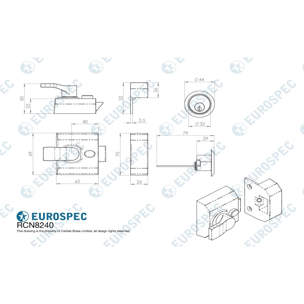 This image is a line drwaing of a Eurospec - Contract Rim Cylinder Nightlatch 40mm - Electro Brassed available to order from T.H Wiggans Architectural Ironmongery in Kendal