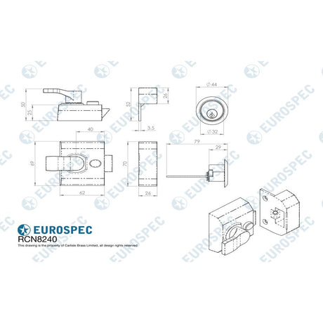 This image is a line drwaing of a Eurospec - Contract Rim Cylinder Nightlatch 40mm - Electro Brassed available to order from T.H Wiggans Architectural Ironmongery in Kendal