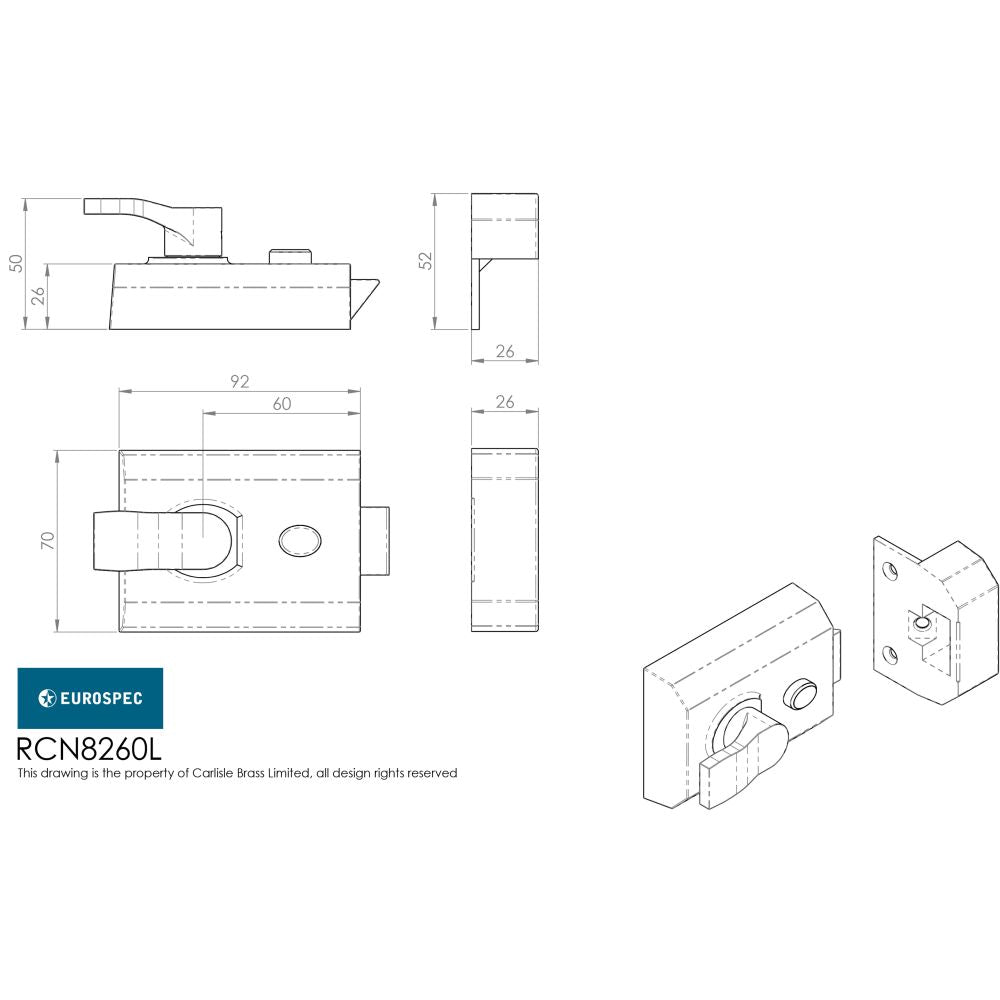 This image is a line drwaing of a Eurospec - Contract Rim Cylinder Nightlatch 60mm Lockcase Only - Polished Chrome available to order from T.H Wiggans Architectural Ironmongery in Kendal