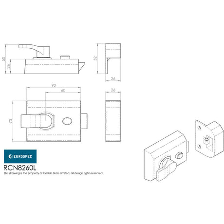 This image is a line drwaing of a Eurospec - Contract Rim Cylinder Nightlatch 60mm Lockcase Only - Polished Chrome available to order from T.H Wiggans Architectural Ironmongery in Kendal