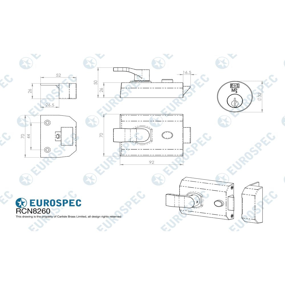 This image is a line drwaing of a Eurospec - Contract Rim Cylinder Nightlatch 60mm - Electro Brassed available to order from T.H Wiggans Architectural Ironmongery in Kendal