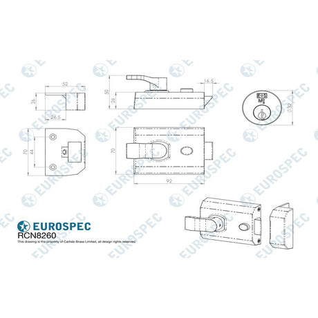 This image is a line drwaing of a Eurospec - Contract Rim Cylinder Nightlatch 60mm - Electro Brassed available to order from T.H Wiggans Architectural Ironmongery in Kendal