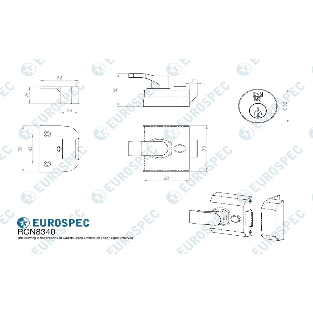 This image is a line drwaing of a Eurospec - Deadlocking Rim Cylinder Nightlatch 40mm - Satin Chrome available to order from T.H Wiggans Architectural Ironmongery in Kendal