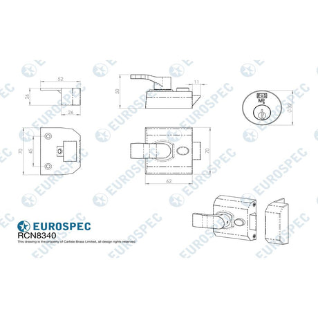 This image is a line drwaing of a Eurospec - Deadlocking Rim Cylinder Nightlatch 40mm - Electro Brassed available to order from T.H Wiggans Architectural Ironmongery in Kendal