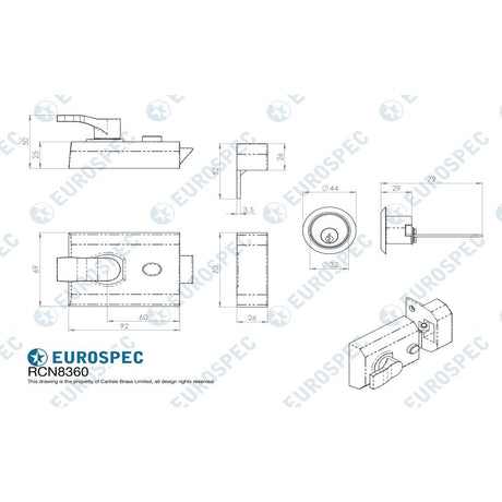 This image is a line drwaing of a Eurospec - Deadlocking Rim Cylinder Nightlatch 60mm - Satin Chrome available to order from T.H Wiggans Architectural Ironmongery in Kendal