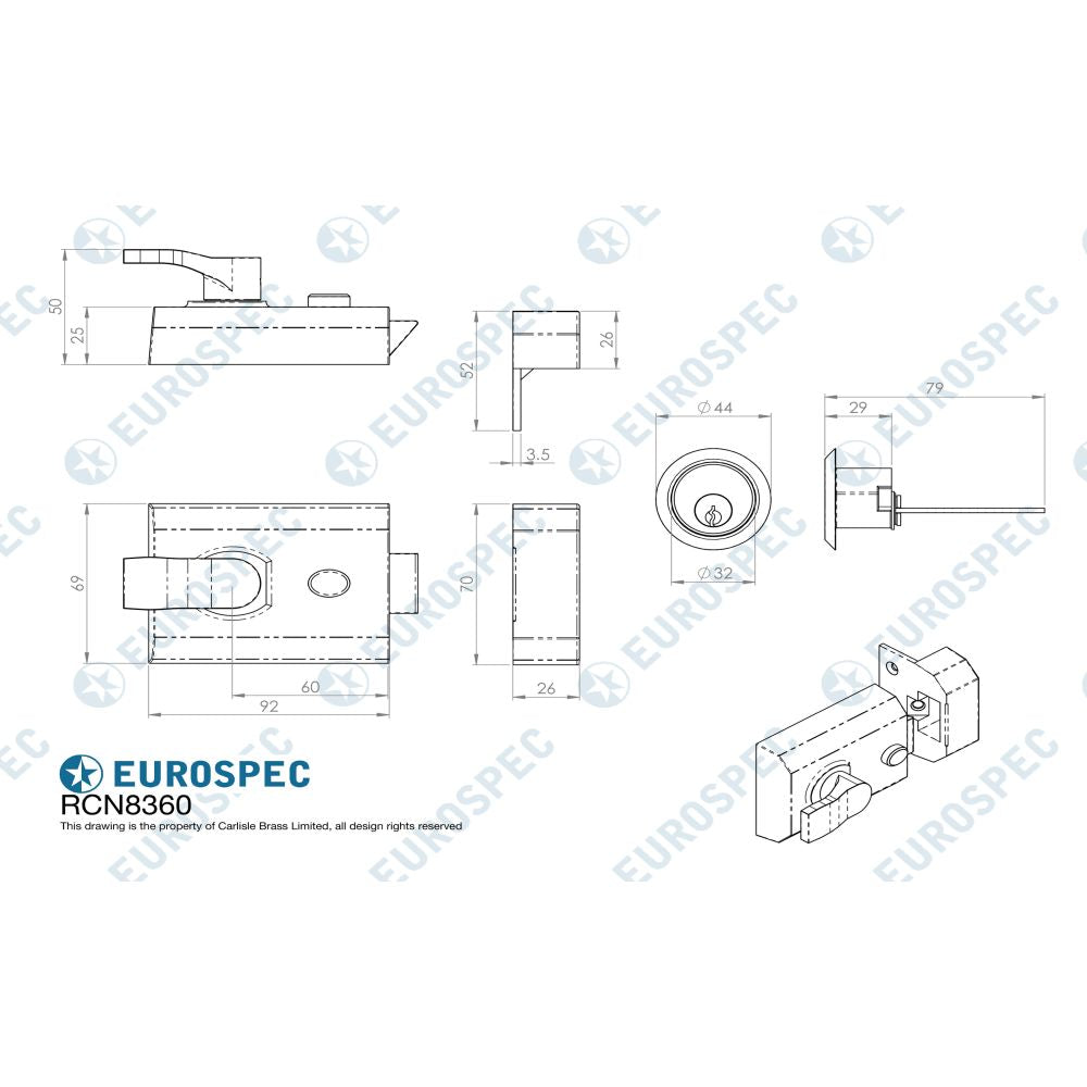 This image is a line drwaing of a Eurospec - Deadlocking Rim Cylinder Nightlatch 60mm - Polished Chrome available to order from T.H Wiggans Architectural Ironmongery in Kendal