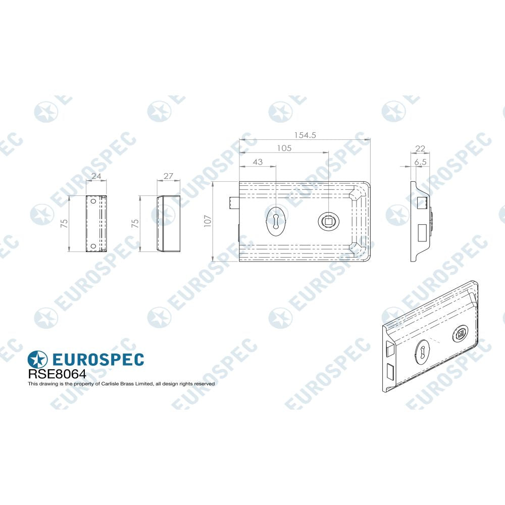 This image is a line drwaing of a Eurospec - Traditional Rim Deadlock - Satin Chrome available to order from T.H Wiggans Architectural Ironmongery in Kendal