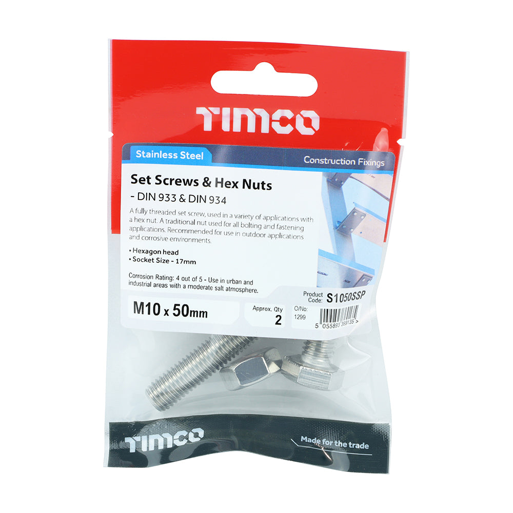 This is an image showing TIMCO Set Screws & Hex Nuts - Stainless Steel - M10 x 50 - 2 Pieces TIMpac available from T.H Wiggans Ironmongery in Kendal, quick delivery at discounted prices.