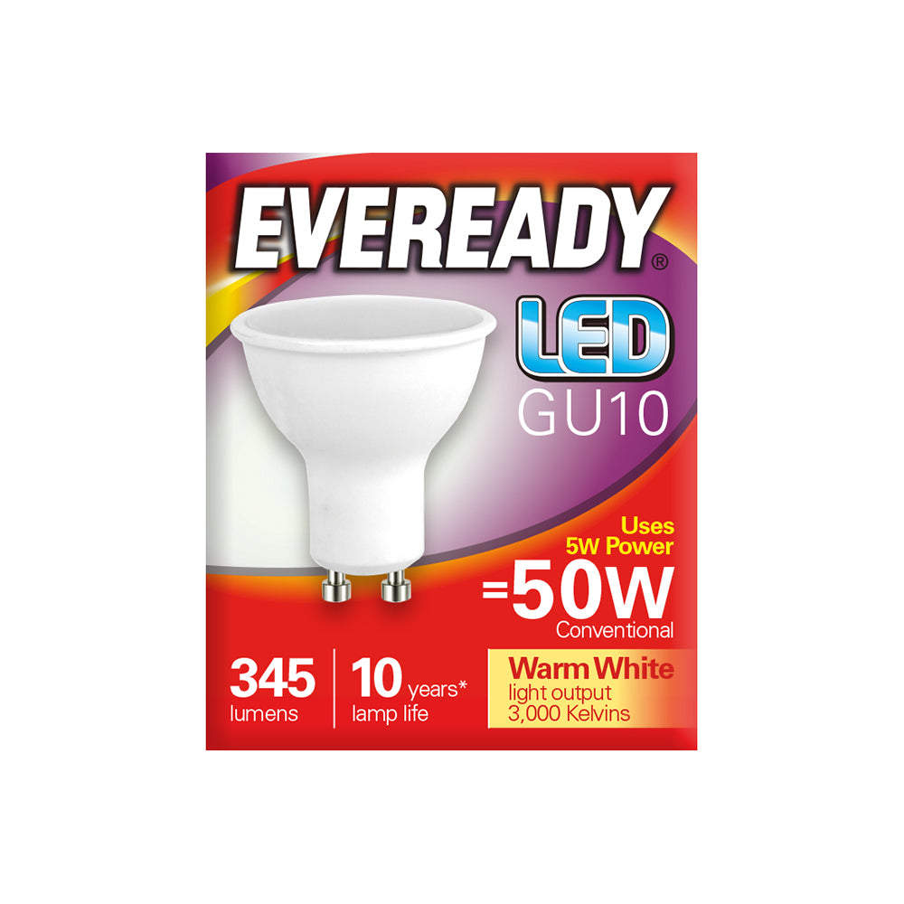 This is an image showing TIMCO Eveready LED Spot Light Bulb - GU10 - 320 Lumen - 4.7W - Warm Light - 320 Lumen - 5 Pieces Pack available from T.H Wiggans Ironmongery in Kendal, quick delivery at discounted prices.