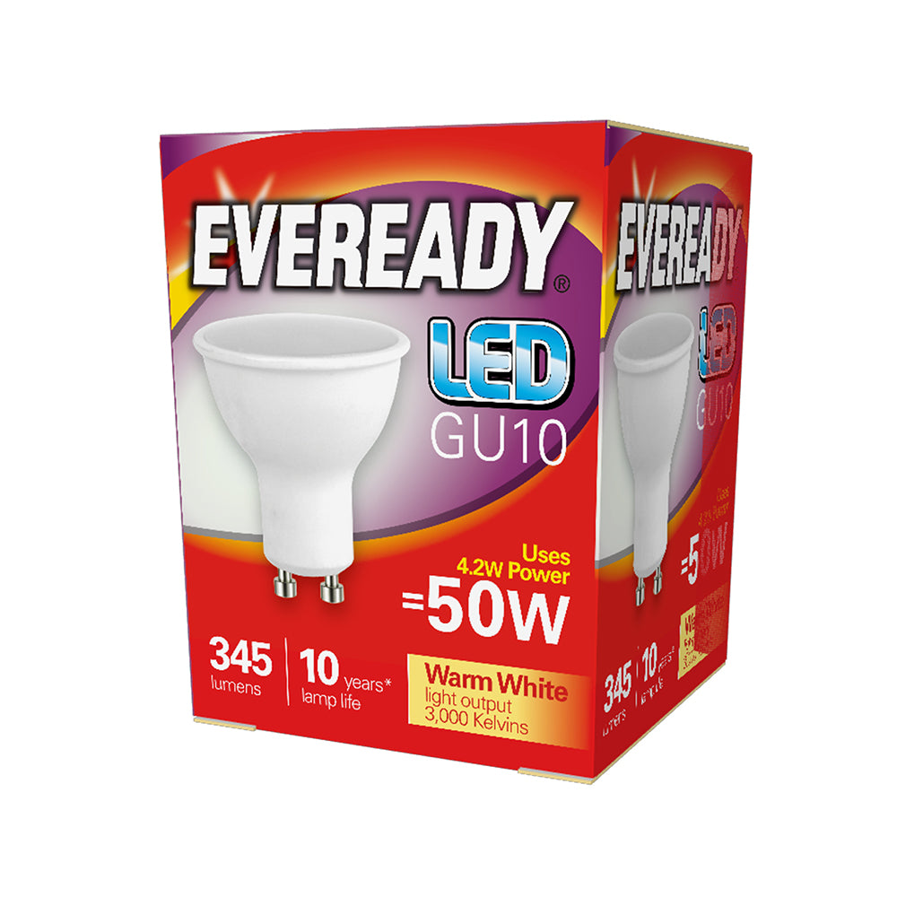 This is an image showing TIMCO Eveready LED Spot Light Bulb - GU10 - 320 Lumen - 4.7W - Warm Light - 320 Lumen - 5 Pieces Pack available from T.H Wiggans Ironmongery in Kendal, quick delivery at discounted prices.