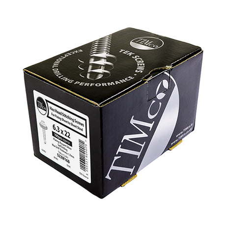 This is an image showing TIMCO Metal Construction Stitching Screws - For Sheet to Sheet - Hex - EPDM Washer - Self-Drilling - Exterior - Silver Organic - 6.3 x 22 - 100 Pieces Box available from T.H Wiggans Ironmongery in Kendal, quick delivery at discounted prices.