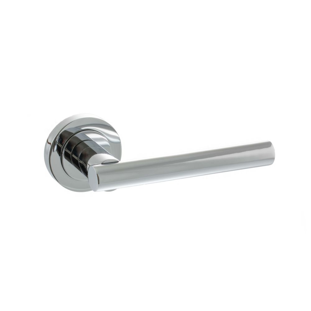 This is an image of STATUS Nebraska Lever on Round Rose - Polished Chrome available to order from Trade Door Handles.