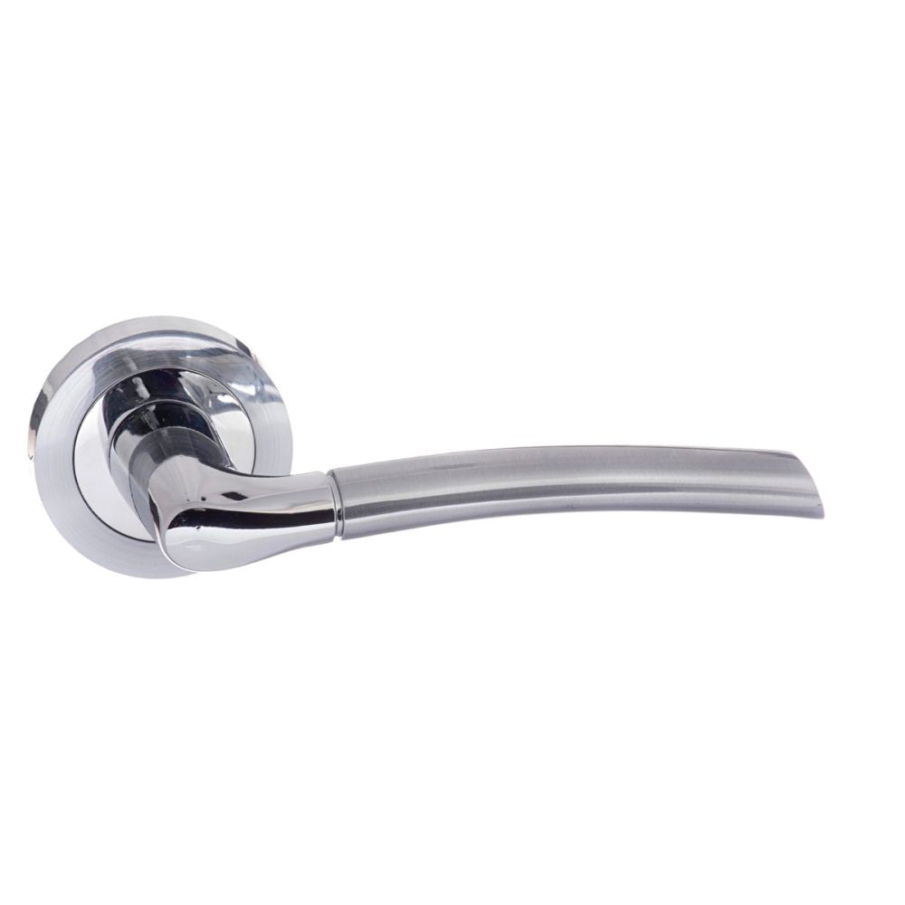 This is an image of STATUS Indiana Lever on Round Rose - Satin Chrome/Polished Chrome available to order from T.H Wiggans Architectural Ironmongery in Kendal, quick delivery and discounted prices.