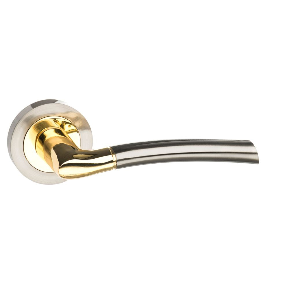 This is an image of STATUS Indiana Lever on Round Rose - Satin Nickel/Polished Brass available to order from T.H Wiggans Architectural Ironmongery in Kendal, quick delivery and discounted prices.