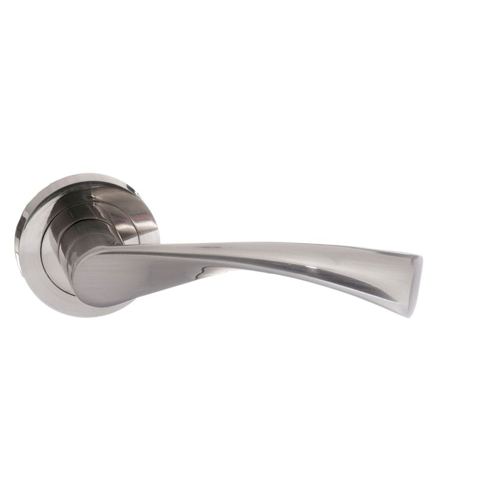 This is an image of STATUS Colorado Lever on Round Rose - Satin Nickel available to order from T.H Wiggans Architectural Ironmongery in Kendal, quick delivery and discounted prices.