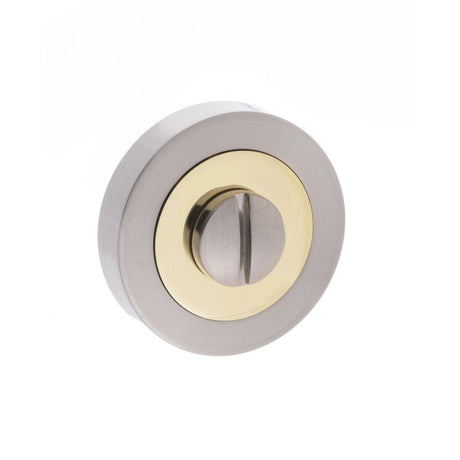 This is an image of STATUS WC Turn and Release on Round Rose - Satin Nickel/Polished Brass available to order from Trade Door Handles.