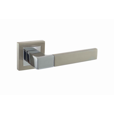 This is an image of STATUS Montana Designer Lever on S4 Square Rose - Satin Nickel/Polished Chrome available to order from T.H Wiggans Architectural Ironmongery in Kendal, quick delivery and discounted prices.