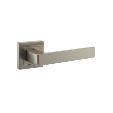 This is an image of STATUS Montana Designer Lever on S4 Square Rose - Satin Nickel available to order from T.H Wiggans Architectural Ironmongery in Kendal, quick delivery and discounted prices.