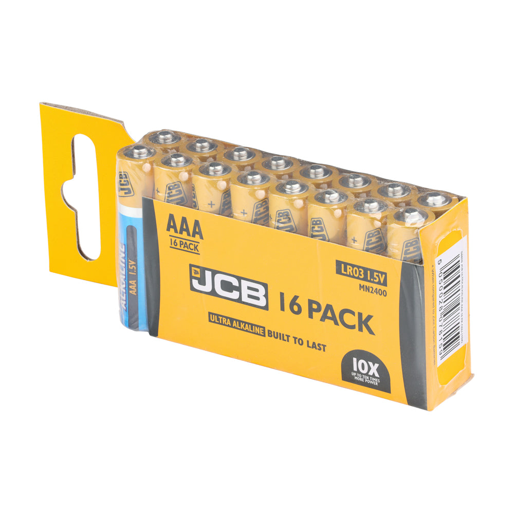 This is an image showing TIMCO JCB Ultra Alkaline Batteries Trade Pack - AAA - 16 Pieces Pack available from T.H Wiggans Ironmongery in Kendal, quick delivery at discounted prices.