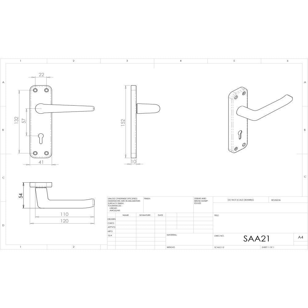This image is a line drwaing of a Eurospec - Aluminium Lever on Lock Backplate - Satin Anodised Aluminium available to order from Trade Door Handles in Kendal