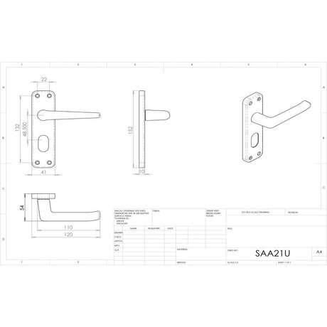 This image is a line drwaing of a Eurospec - Aluminium Lever On Backplate - Lock Oval Profile 48.5Mm C/C - Satin A available to order from Trade Door Handles in Kendal