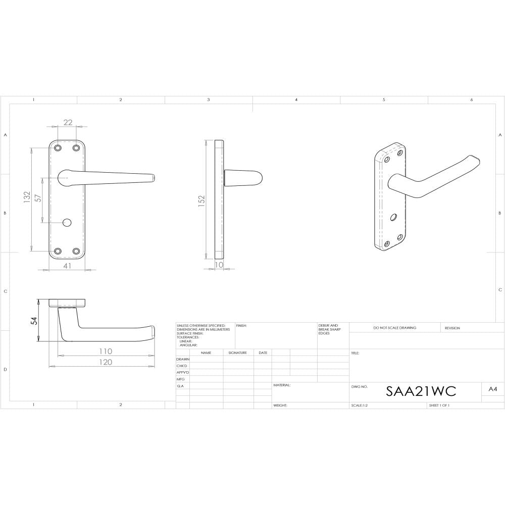 This image is a line drwaing of a Eurospec - Aluminium Lever on WC Backplate - Satin Anodised Aluminium available to order from Trade Door Handles in Kendal