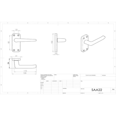 This image is a line drwaing of a Eurospec - Aluminium Lever on Latch Backplate - Satin Anodised Aluminium available to order from Trade Door Handles in Kendal
