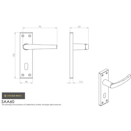 This image is a line drwaing of a Eurospec - Aluminium MIAL Lever on Lock backplate - Satin Anodised Aluminium available to order from Trade Door Handles in Kendal
