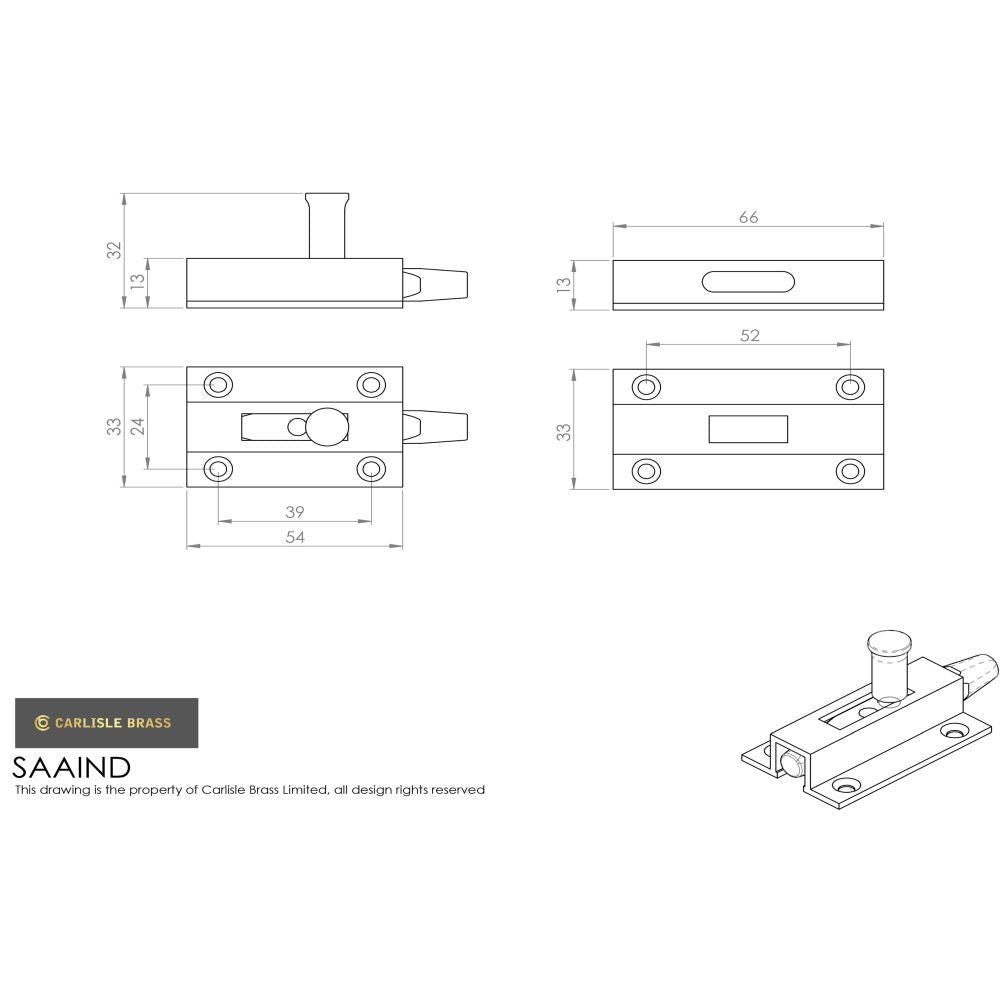 This image is a line drwaing of a Eurospec - Aluminium Toilet Indicator Bolt - Satin Anodised Aluminium available to order from Trade Door Handles in Kendal
