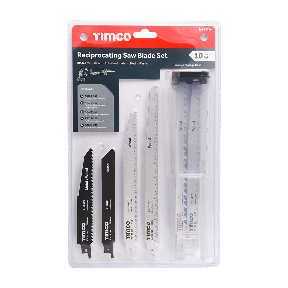 This is an image showing TIMCO Reciprocating Saw Blade Mixed Set - Wood & Metal Cutting - High Carbon Steel & Bi-Metal - Mixed - 10 Pieces Blister Pack available from T.H Wiggans Ironmongery in Kendal, quick delivery at discounted prices.