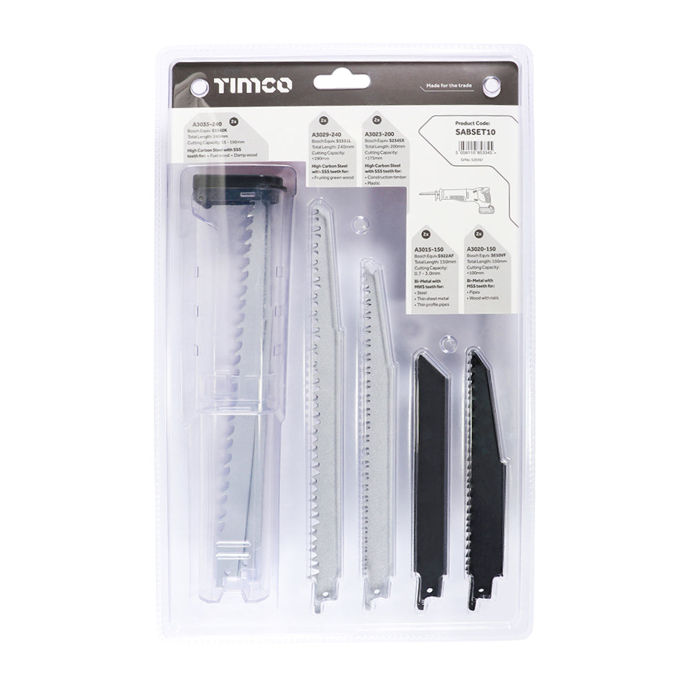 This is an image showing TIMCO Reciprocating Saw Blade Mixed Set - Wood & Metal Cutting - High Carbon Steel & Bi-Metal - Mixed - 10 Pieces Blister Pack available from T.H Wiggans Ironmongery in Kendal, quick delivery at discounted prices.