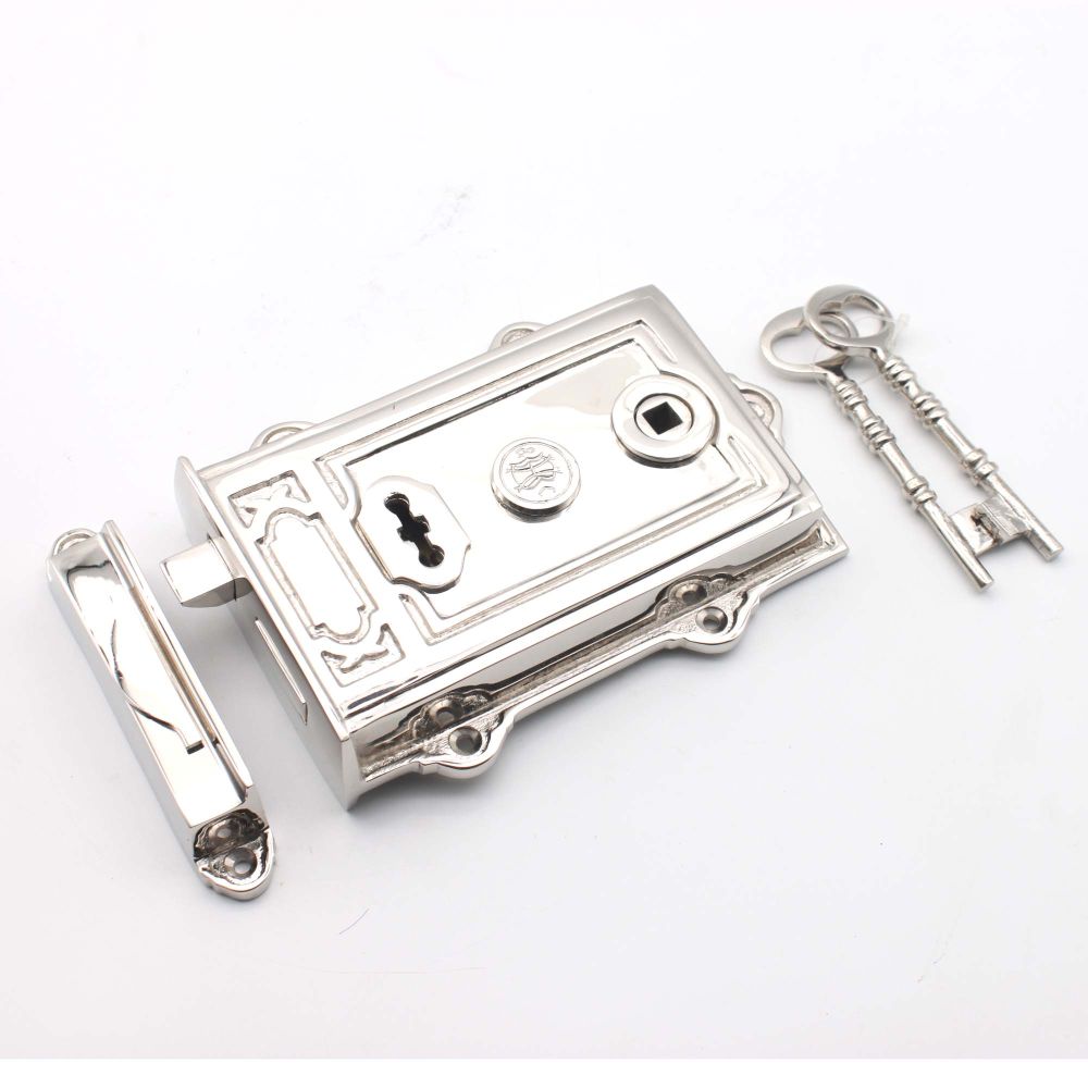 This is an image of Spira Brass - Davenport Rim Lock Polished Nickel available to order from T.H Wiggans Architectural Ironmongery in Kendal, quick delivery and discounted prices.