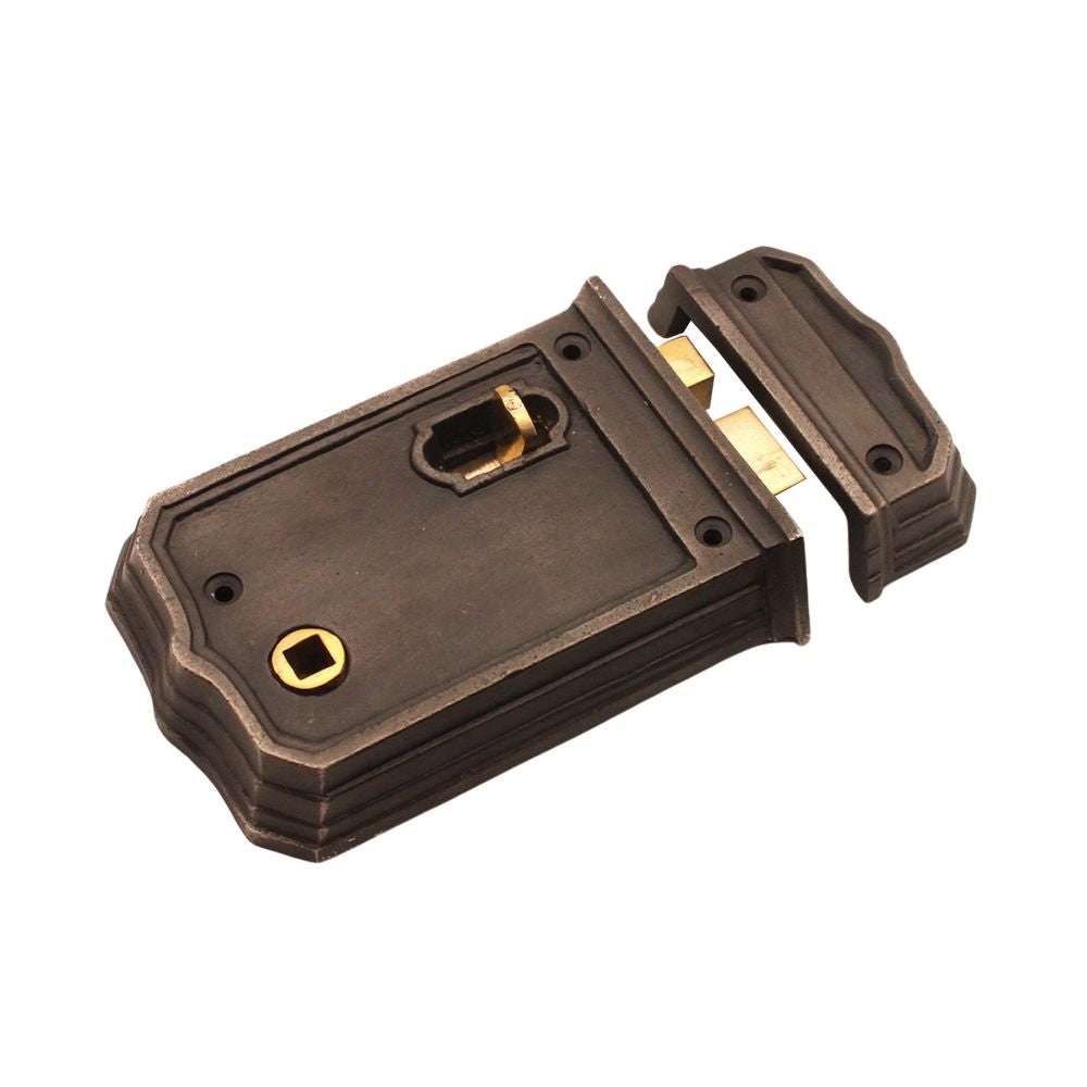 This is an image of Spira Brass - Gothic Rim Lock 125mm Pewter available to order from T.H Wiggans Architectural Ironmongery in Kendal, quick delivery and discounted prices.