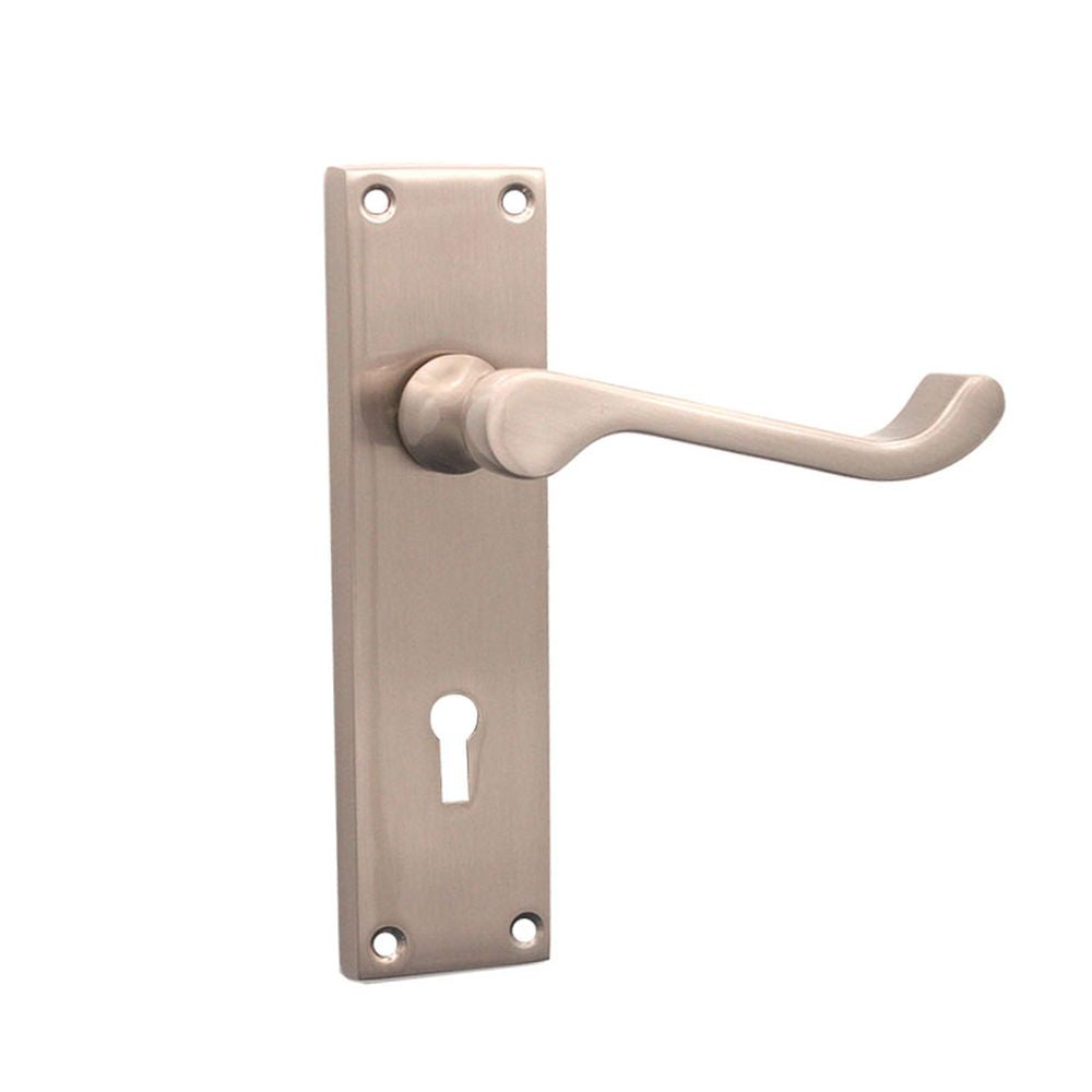 This is an image of Spira Brass - Victorian Scroll Lock Lever Handle 150mm Satin Nickel available to order from T.H Wiggans Architectural Ironmongery in Kendal, quick delivery and discounted prices.