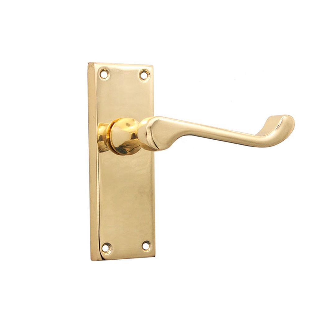 This is an image of Spira Brass - Victorian Scroll Latch Lever Handle 115mm Polished Brass available to order from T.H Wiggans Architectural Ironmongery in Kendal, quick delivery and discounted prices.
