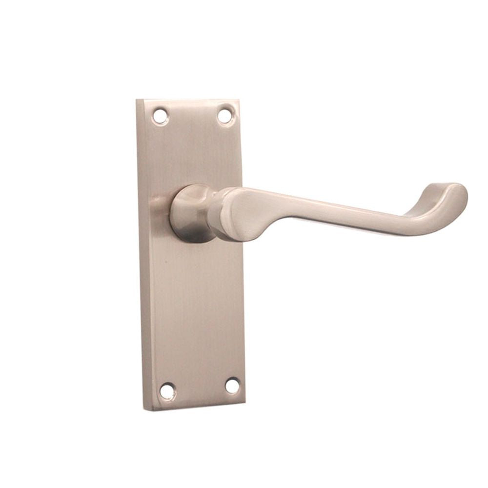This is an image of Spira Brass - Victorian Scroll Latch Lever Handle 115mm Satin Nickel available to order from T.H Wiggans Architectural Ironmongery in Kendal, quick delivery and discounted prices.