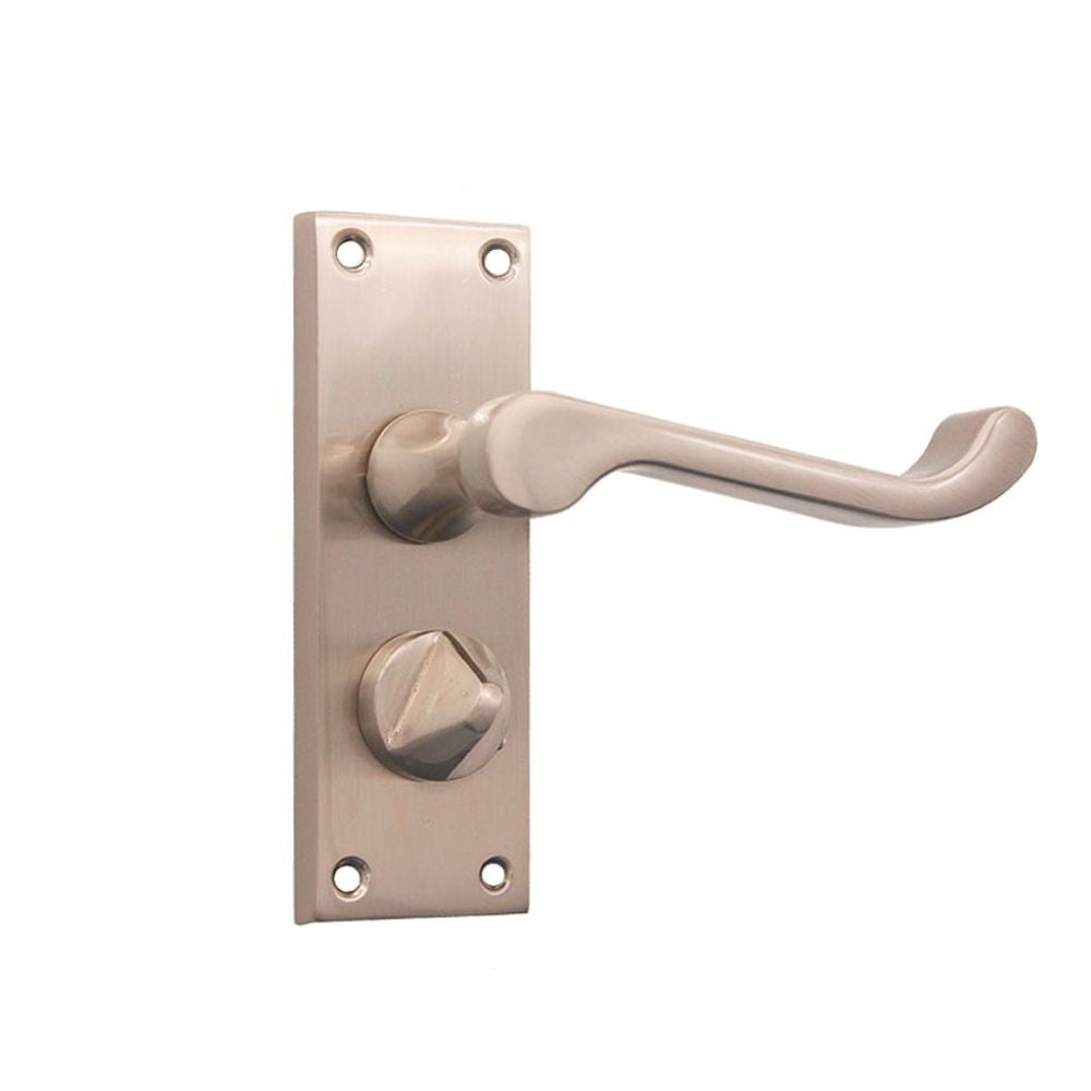 This is an image of Spira Brass - Victorian Scroll Privacy Lever Handle 115mm Satin Nickel available to order from T.H Wiggans Architectural Ironmongery in Kendal, quick delivery and discounted prices.
