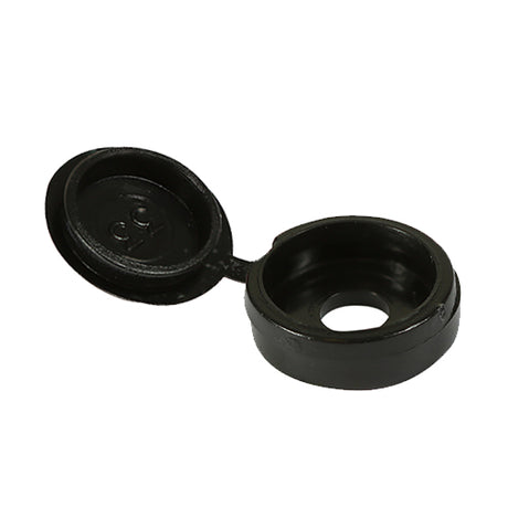 This is an image showing TIMCO Hinged Screw Caps - Small - Black - To fit 3.0 to 4.5 Screw - 100 Pieces TIMpac available from T.H Wiggans Ironmongery in Kendal, quick delivery at discounted prices.