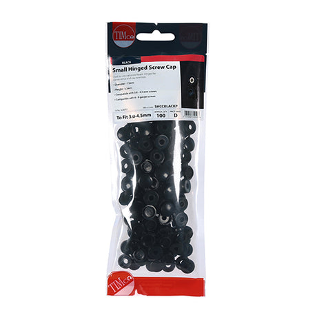 This is an image showing TIMCO Hinged Screw Caps - Small - Black - To fit 3.0 to 4.5 Screw - 100 Pieces TIMpac available from T.H Wiggans Ironmongery in Kendal, quick delivery at discounted prices.