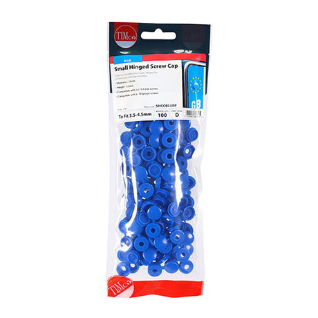 This is an image showing TIMCO Hinged Screw Caps - Small - Blue - To fit 3.0 to 4.5 Screw - 100 Pieces TIMpac available from T.H Wiggans Ironmongery in Kendal, quick delivery at discounted prices.