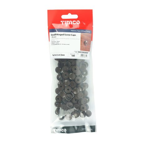 This is an image showing TIMCO Hinged Screw Caps - Small - Brown - To fit 3.0 to 4.5 Screw - 100 Pieces TIMpac available from T.H Wiggans Ironmongery in Kendal, quick delivery at discounted prices.
