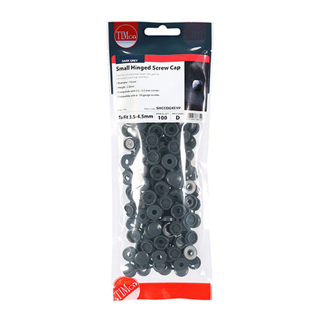 This is an image showing TIMCO Hinged Screw Caps - Small - Dark Grey - To fit 3.0 to 4.5 Screw - 100 Pieces TIMpac available from T.H Wiggans Ironmongery in Kendal, quick delivery at discounted prices.