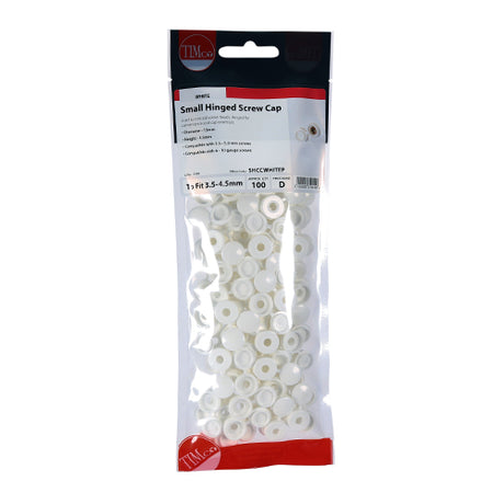 This is an image showing TIMCO Hinged Screw Caps - Small - White - To fit 3.0 to 4.5 Screw - 100 Pieces TIMpac available from T.H Wiggans Ironmongery in Kendal, quick delivery at discounted prices.