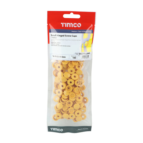 This is an image showing TIMCO Hinged Screw Caps - Small - Yellow - To fit 3.0 to 4.5 Screw - 100 Pieces TIMpac available from T.H Wiggans Ironmongery in Kendal, quick delivery at discounted prices.