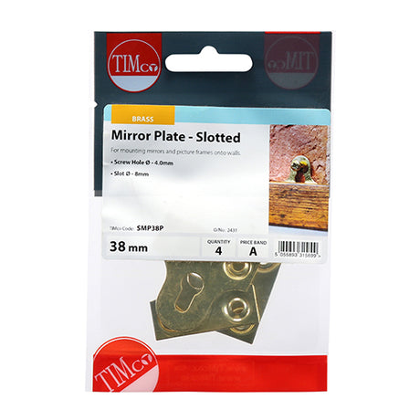 This is an image showing TIMCO Mirror Plates - Slotted - Electro Brass - 38mm - 4 Pieces TIMpac available from T.H Wiggans Ironmongery in Kendal, quick delivery at discounted prices.